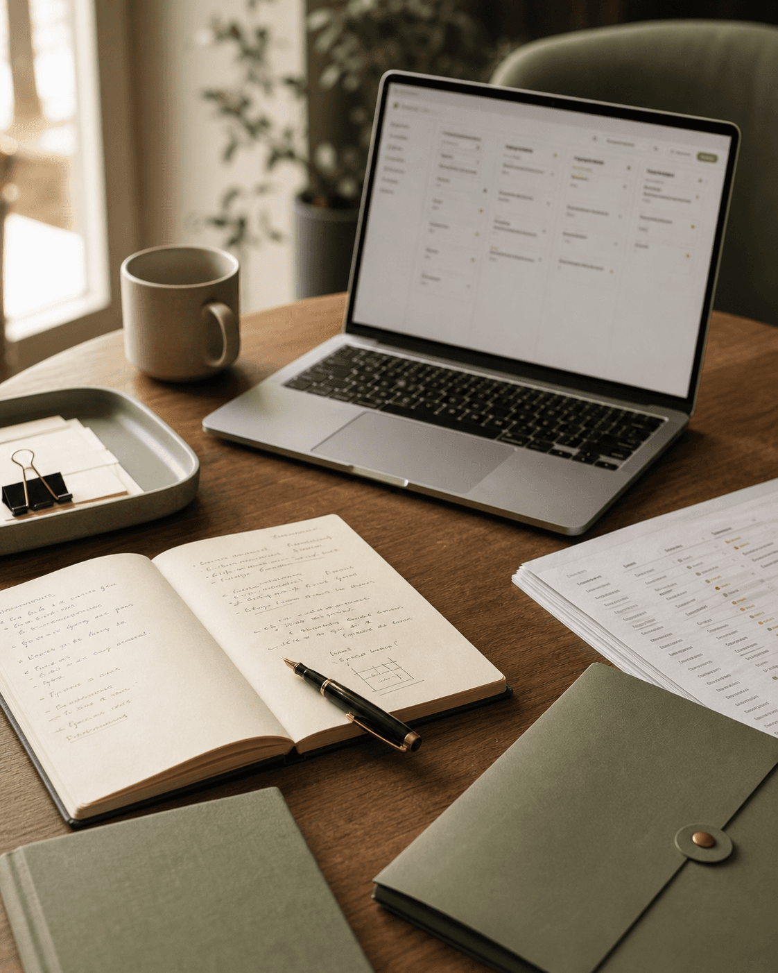 Warm sales strategy workspace with a laptop, notebook, coffee, and account planning materials
